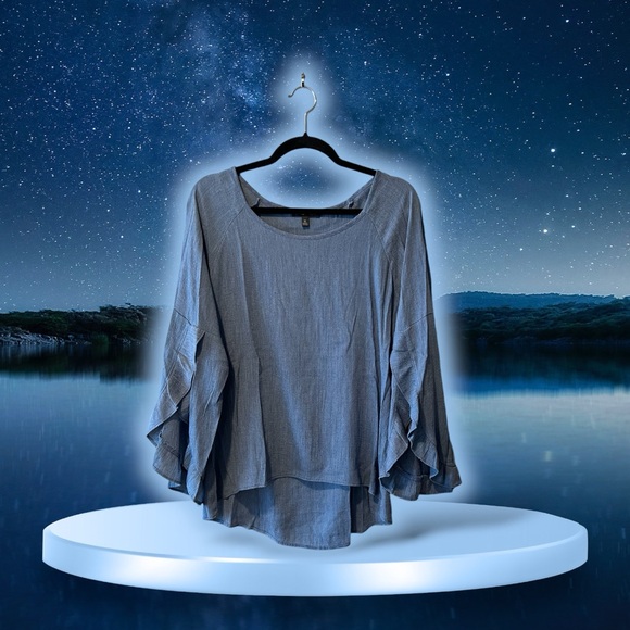 Moa Moa Blue Chambray Top with Ruffled Sleeves - Picture 12 of 12